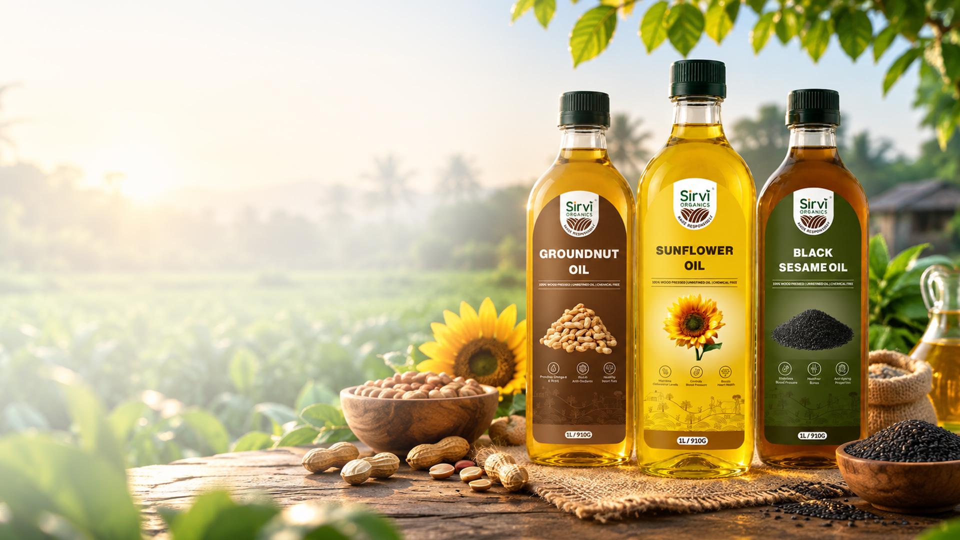Sirvi Organics cold-pressed oils arranged on a farm table