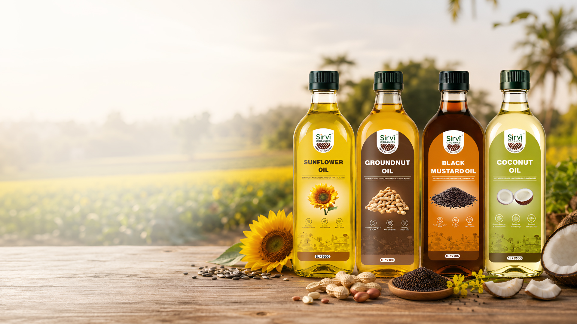 Sirvi Organics cold-pressed oils arranged on a farm table